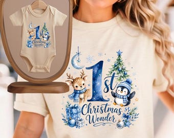 Baby First Christmas Tee,My 1st Christmas Wonder Onesie,Cute Reindeer Penguin Xmas Toddler Shirt,Matching Family Christmas Outfit,Baby Gift