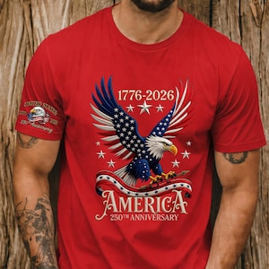 Amerikas 250-jähriges Jubiläums-Shirt, 1776-2026 USA-Flaggen-Shirt, Vaterländisches Ärmel-Detail-T-Shirt, 4. Juli-Unabhängigkeitstag-Shirt