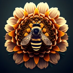 Modern Honey Bee Botanical Wall Art, instant download, bee and sunflower art, mod boho art, AI artwork, commercial license, nature prints