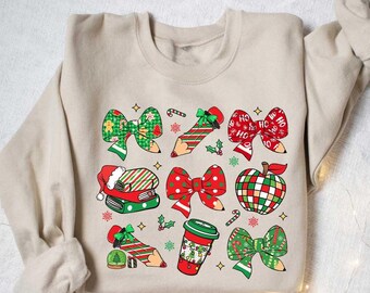Christmas Teacher Sweatshirt, Coquette Christmas Shirt, Festive Holiday Shirt for Teachers, Perfect Christmas Gift, Christmas Holiday Gift