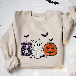 Halloween Boo Sweatshirt, Halloween Ghost Sweatshirt, Halloween Pumpkin Sweatshirt, Spider Halloween Sweatshirt,Faux Embroider, Faux Glitter