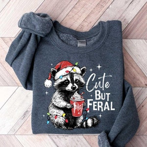 May include: A dark gray sweatshirt with a cartoon raccoon wearing a Santa hat and holding a red cup. The raccoon is surrounded by Christmas lights. The text "Cute But Feral" is printed on the sweatshirt.