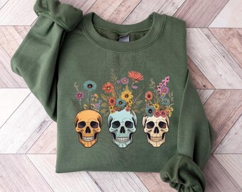 Floral Halloween Skull Sweatshirt, Wildflower Skeleton Sweater, Retro Halloween Vibes T Shirt, Skeleton Crewneck, Spooky Wildflower Shirt
