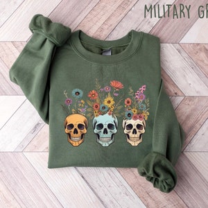 Floral Halloween Skull Sweatshirt, Wildflower Skeleton Sweater, Retro Halloween Vibes T Shirt, Skeleton Crewneck, Spooky Wildflower Shirt