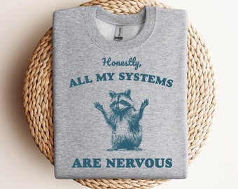 Honestly All My Systems Are Nervous Sweatshirt, Retro 90s Raccoon Sweatshirt, Oversized Trash Panda Sweatshirt,Funny Unisex Adult Sweatshirt
