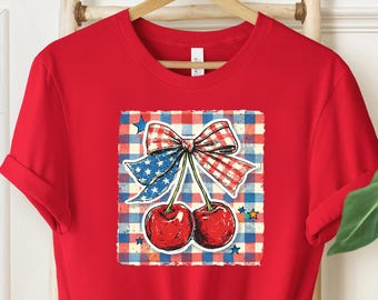 America Cherry T-Shirt, 4th Of July T-Shirt, American Cherry Sweater, Coquette Bow Tee, Patriotic USA Gift, Independence T-Shirt