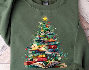 Sudadera con Árbol de Libros de Navidad, Suéter Navideño con Gusano de Biblioteca, Camiseta con Árbol de Navidad, Camiseta Navideña de Invierno, Sudadera con Capucha Navideña, Navidad