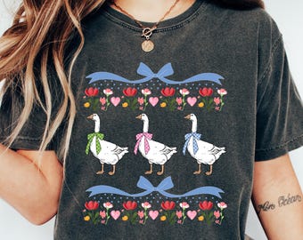 Cute Coquette Goose Shirt, Goose Lover T Shirt, Blue Toile Coquette Duck Shirt, Checkered Girly Duck Shirt, Goose T-shirt