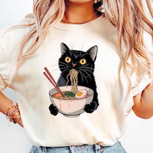 Noodle Cat Shirt, Foodie Lover Shirts, Retro Cat Tees, Cat Lover Sweatshirts, Black Cat Shirt, Ramen Cat T-Shirt, Black Cat Noodle T-Shirts