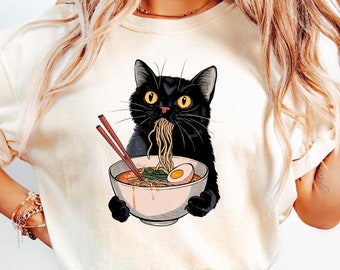 Noodle Cat Shirt, Foodie Lover Shirts, Retro Cat Tees, Cat Lover Sweatshirts, Black Cat Shirt, Ramen Cat T-Shirt, Black Cat Noodle T-Shirts