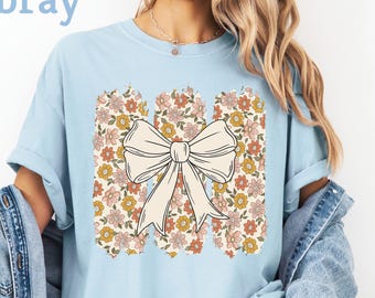 Comfort Colors®Flower Bow T Shirt, Coquette Shirt, Floral Woman Shirt,Mothers Day, Spring Bow T shirt,Boho Summer Tee, Girly Aesthetic Gift