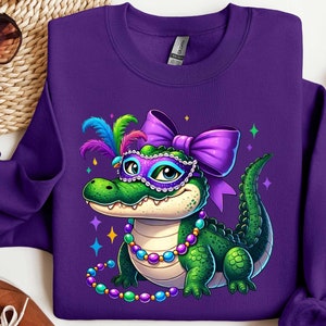 Mardi Gras Crocodile Sweatshirt, Women Mardi Gras Sweatshirt, Mardi Gras Alligator Shirt, Fat Tuesday Shirt, Mardi Gras Carnival Shirt
