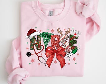 Christmas Nurse Sweatshirt, Coquette Bow Nurse Christmas Tee, Retro Holiday Nurse Hoodie Gift, Cute Medical Christmas Long sleeve