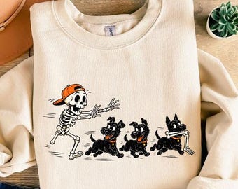 Funny Skeleton Chasing Puppy Halloween Sweatshirt, Dog Stole My Leg T-Shirt, Sarcastic Halloween Style, Spooky Halloween Sweatshirt