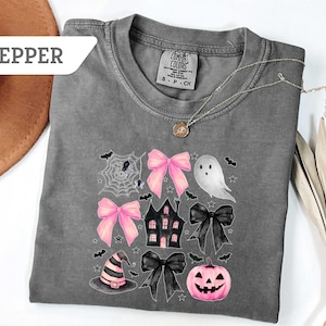 Comfort Colors®Coquette Spooky Season Sweatshirt,Halloween TShirt,Coquette Bow Halloween Tee,Spooky Season Shirt,Halloween Spiderweb Tee