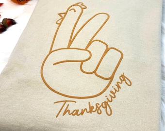 Peace Sign Turkey Embossed 3D Puff Sweatshirt, Thanksgiving Embossed T-Shirt, Gift For Thanksgiving Sweater, Thanksgiving Puff T-Shirt