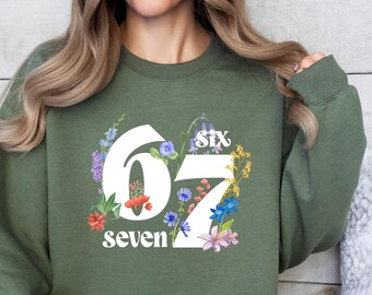 Floral Number 67 Sweatshirt, Six Seven Flower Graphic Tee, Retro Vintage Style T-Shirt, Botanical Number Sweater, Unisex Casual Gift Top