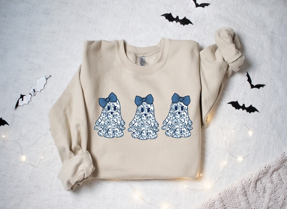 Cute Blue Toile Boujee Ghost Sweatshirt, Coquette Blue Floral Halloween Bow Ghost Shirt, Retro Girly Feminine Aesthetic Crewneck