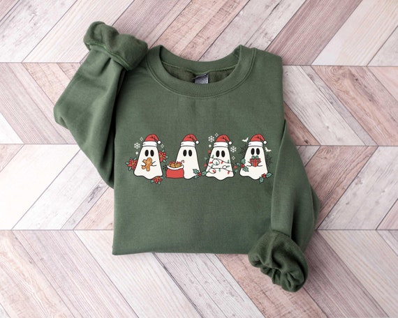 Christmas Sweatshirt, Christmas Ghost Sweatshirt, Cute Ghost Sweater, Colorful Light Ghost Sweatshirt, Christmas Gift, Women Christmas Shirt