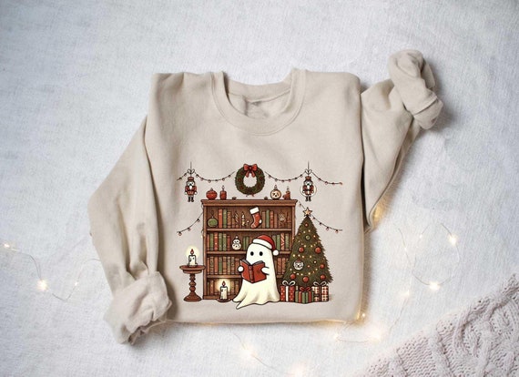 Ghost Reading Books Christmas Sweatshirt, Bookish Christmas Crewneck, Cute Ghost Xmas, Christmas Teacher Gift, Librarian Christmas Hoodie