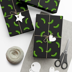 Ecofriendly Wrapping Paper: Dill Pickles Black Background Gift Wrap - Pickle Party Dill Pickle Chips Mini Cucumbers Green Wrapping Paper