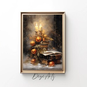 Printable Art Rustic Christmas Wall Decor Vintage Book Art Still Life Oil Painting Dark Academia Holiday Print Digital Download