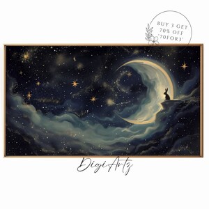 Samsung Frame TV Abstract Gothic Wall Art Bunny On The Moon Oil Painting Nursery Star & Moon Starry Sky Frame TV Art Celestial Moon Decor