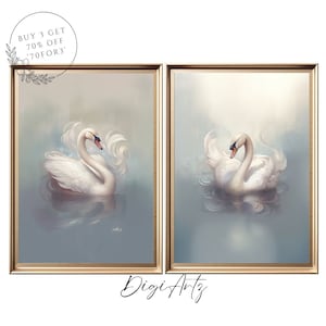 Printable Vintage Swan on Lake Painting Set Of 2 Bundle Antique Swan Wall Art Neutral Wall Art Minimalist Vintage Swan Digital Download