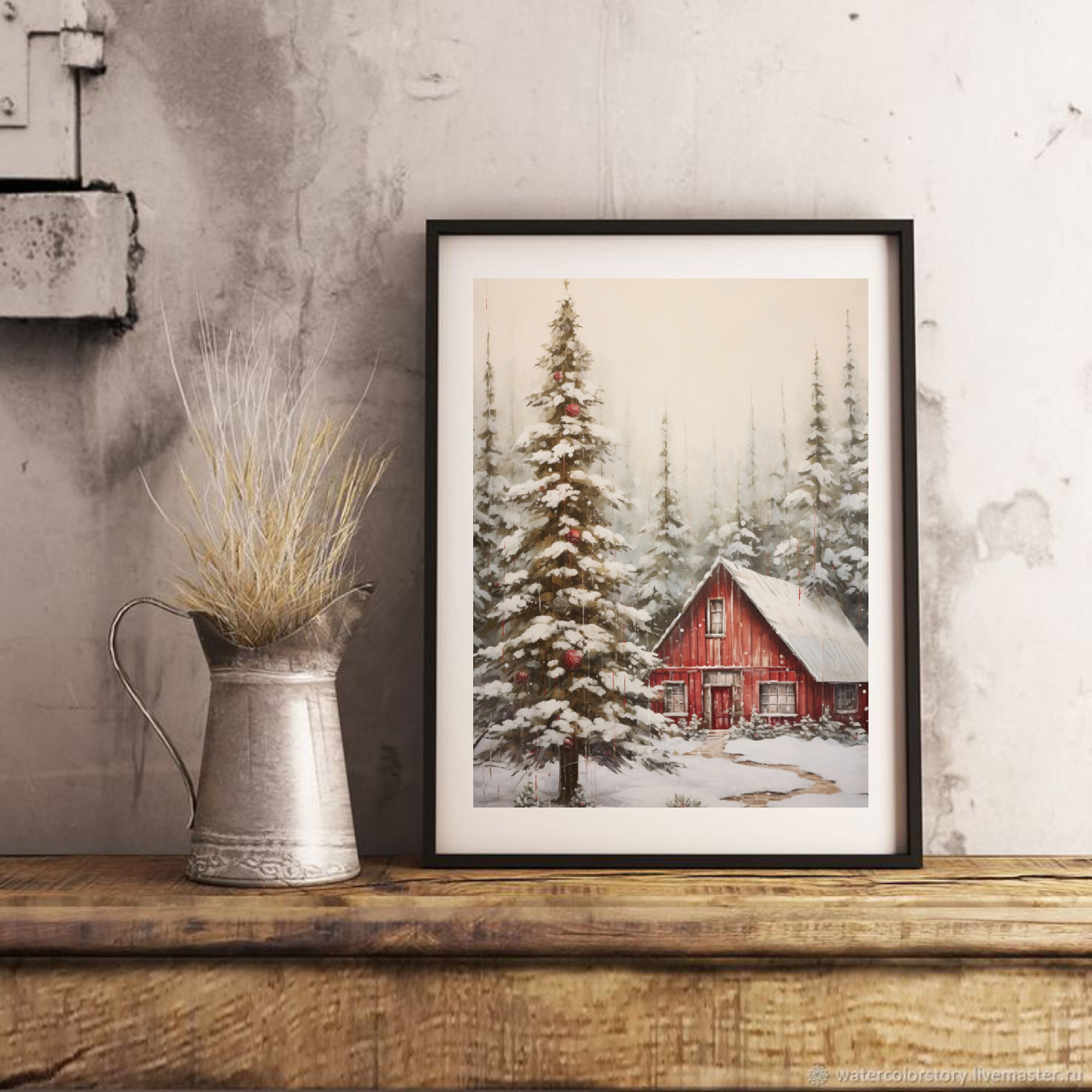 Printable Vintage Red Barn Home Decor Winter Farmhouse Painting Snowy ...