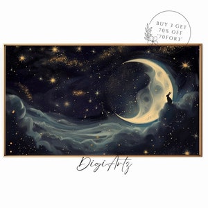 Samsung Frame TV Abstract Nursery Star & Moon Oil Painting Bunny On The Moon Starry Sky Frame TV Art Celestial Moon Decor Gothic Wall Art