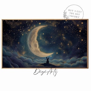 Samsung Frame TV Celestial Moon Oil Painting Gothic Wall Art Bunny On The Moon Decor Abstract Star And Moon Starry Night Sky Frame TV Art