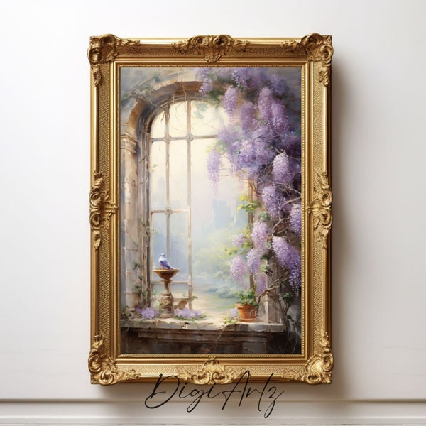 Printable Vintage Watercolor Wisteria Secret Window Wall Decor Lilac Botanical Artwork Digital Wisteria Deep In Bloom Painting Purple Flower