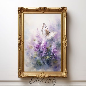 Printable Vintage Watercolor Butterfly Dancing on Purple Flower Landscape Oil Painting - Botanical Wall Art - Digital Nature download