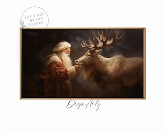 Samsung Frame TV Art Vintage Christmas Wall Art Santa Reindeer Companionship Oil Painting Cottagecore Academia Christmas Decor Winter Print