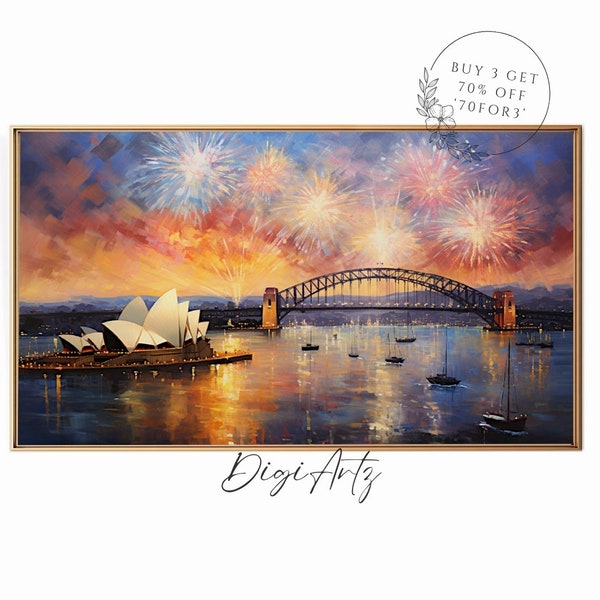 Samsung Frame TV New Year Festival Oil Painting Sydney Opera House New Year Firework Frame TV Art Harbour Bridge Festive Holiday Home Decor