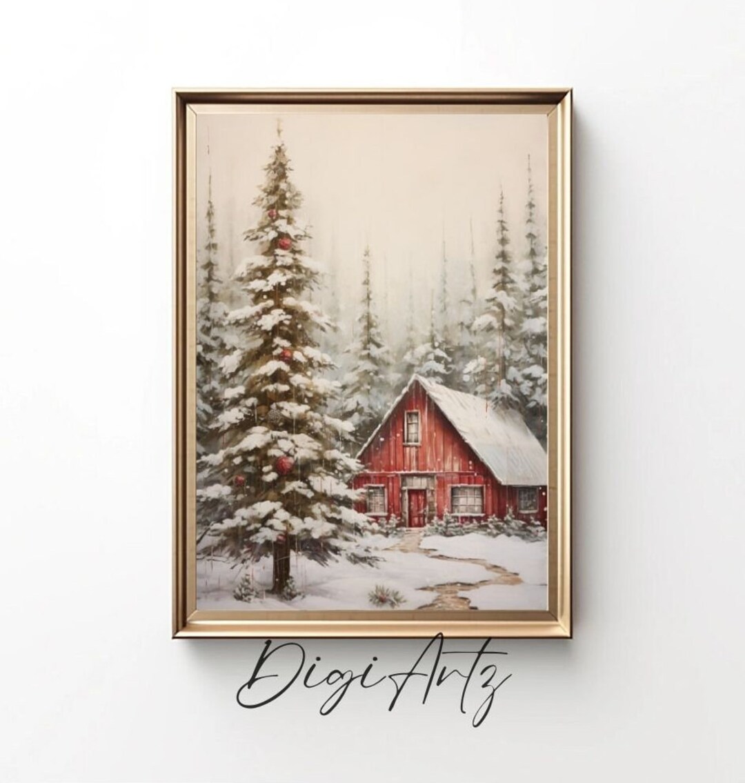 Printable Vintage Red Barn Home Decor Winter Farmhouse Painting Snowy ...