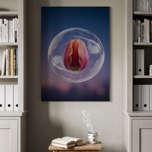 Tulip in Bubble Framed Canvas, Surreal Floral Wall Art, Modern Botanical Painting, Elegant Contemporary Decor for Bathroom or Living Room