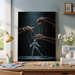May include: A canvas print depicting a wooden marionette controlled by hands with strings. The puppet is in a pose, with strings attached to its limbs. The background is dark, with a spotlight on the puppet.
