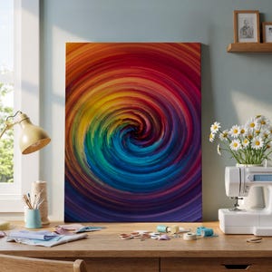 May include: A vibrant canvas print featuring a swirling vortex of colors, transitioning from red to blue. The artwork is displayed on a wall above a wooden desk with sewing supplies and a sewing machine. A lamp and a vase of daisies are also visible.