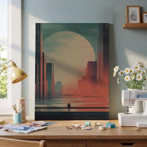 Retro Futuristic Cityscape Canvas Wall Art, Minimalist Sun and Skyline Painting, Modern Urban Abstract Artwork for Home and Office Decor