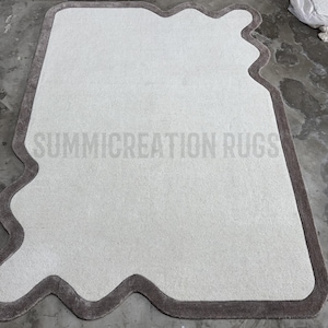 Minimalist Modern Abstract Irregular Odd shape unique Handmade contemporary wool viscose Tufted Area Rug for Living Room Bedroom offices.