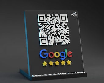 May include: A black stand with a white QR code and the word "Google" in colorful letters. Five yellow stars are below the word "Google".