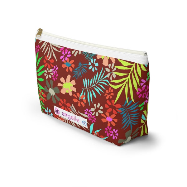 Tropical Toiletry & Cosmetic Pouch - Exotic Flowers Zip Pouch - Lush Foliage Design. Gift for Mother on Mother's Day