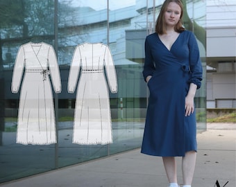 Pattern and instructions for Elderberry dress | Wrap dress with pockets, bow and V-neck, for men and women