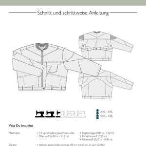 K&ouml;nnte beinhalten: Ein Schnittmuster f&uuml;r eine Jeansjacke mit einer detaillierten Illustration der Vorder- und R&uuml;ckseite der Jacke. Das Schnittmuster enth&auml;lt Anweisungen f&uuml;r die Gr&ouml;&szlig;en XXS bis XXL. Der Text auf der Seite lautet "Jeansjacke Fittonia" und "Schnitt und schrittweise Anleitung".