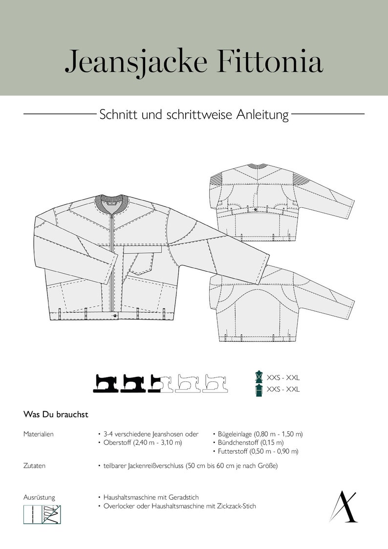 K&ouml;nnte beinhalten: Ein Schnittmuster f&uuml;r eine Jeansjacke mit einer detaillierten Illustration der Vorder- und R&uuml;ckseite der Jacke. Das Schnittmuster enth&auml;lt Anweisungen f&uuml;r die Gr&ouml;&szlig;en XXS bis XXL. Der Text auf der Seite lautet "Jeansjacke Fittonia" und "Schnitt und schrittweise Anleitung".