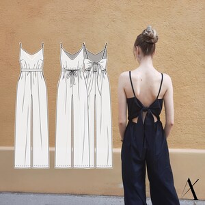 May include: A black jumpsuit with spaghetti straps and a bow detail on the back. The jumpsuit has wide legs and a V-neckline. Fashion design sketches of a white jumpsuit with similar features are also shown.