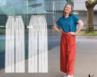 Pattern and instructions for Orchid trousers | Pleated trousers with pockets, elastic waistband, women and men
