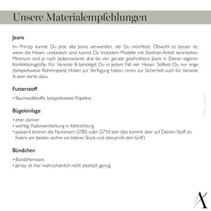 K&ouml;nnte beinhalten: Eine Anleitung in deutscher Sprache zu N&auml;hmaterialien f&uuml;r Jeans, einschlie&szlig;lich Stoff, Einlage und Bundmaterial. Der Text erw&auml;hnt die Verwendung alter Jeans, Popeline-Stoff und Einlage mit einem Gewicht von G785 oder G710.