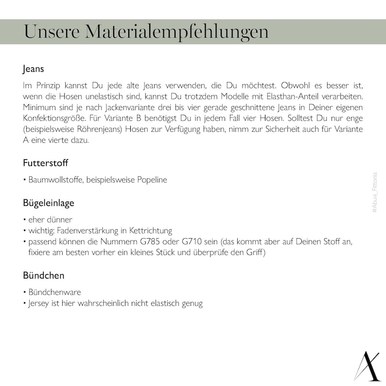 K&ouml;nnte beinhalten: Eine Anleitung in deutscher Sprache zu N&auml;hmaterialien f&uuml;r Jeans, einschlie&szlig;lich Stoff, Einlage und Bundmaterial. Der Text erw&auml;hnt die Verwendung alter Jeans, Popeline-Stoff und Einlage mit einem Gewicht von G785 oder G710.
